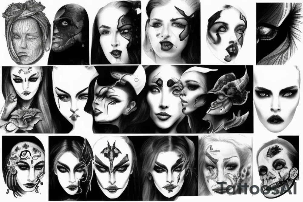 heaven and hell scene below with realistic female face tattoo idea