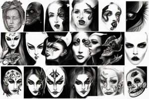 heaven and hell scene below with realistic female face tattoo idea