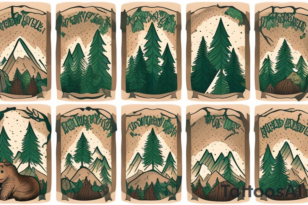 Un paysage de forêt et de montagne avec un ours tattoo idea