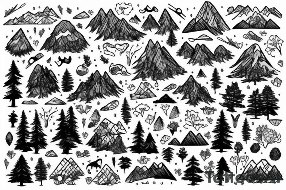 Un paysage de forêt et de montagne avec un ours tattoo idea