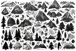 Un paysage de forêt et de montagne avec un ours tattoo idea