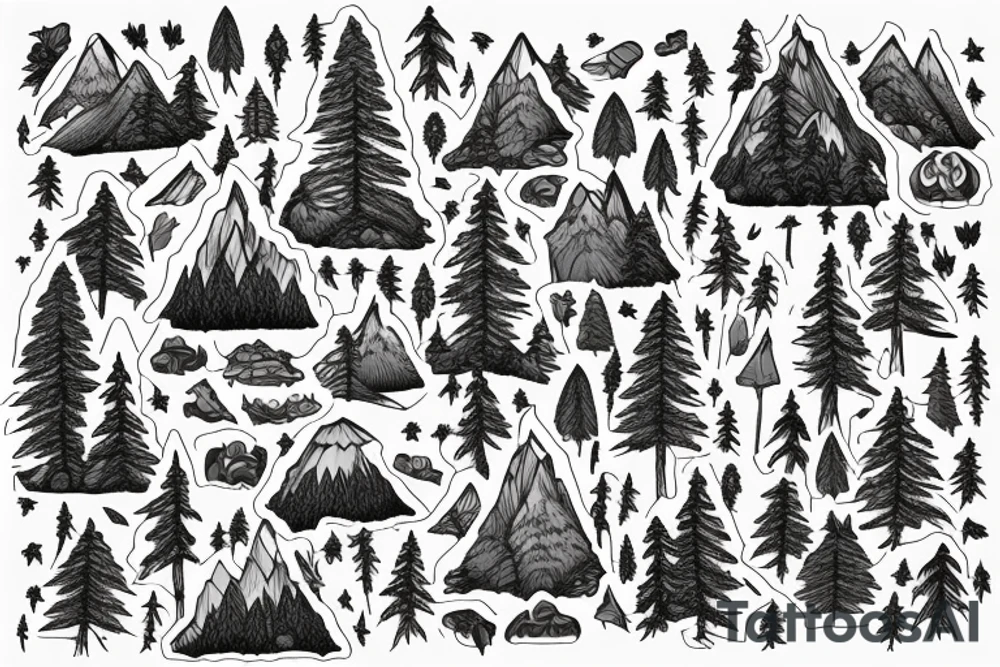 Un paysage de forêt et de montagne avec un ours tattoo idea