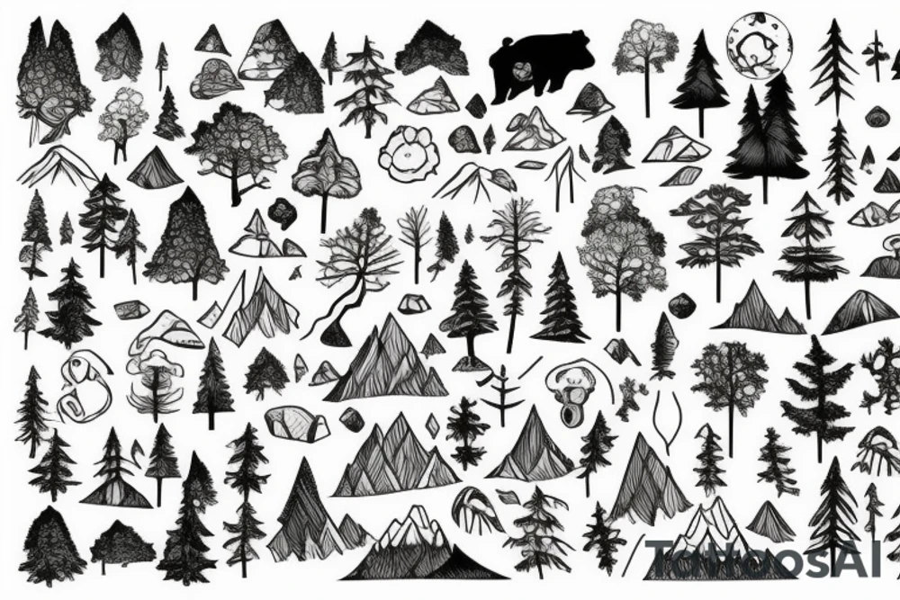 Un paysage de forêt et de montagne avec un ours tattoo idea