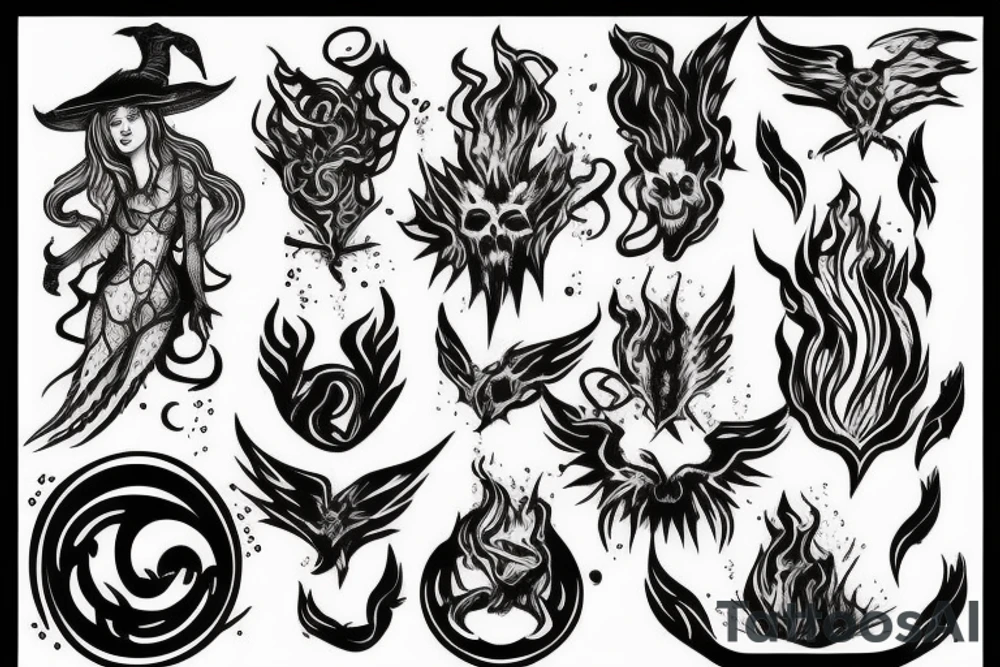 burning witch in fire tattoo idea
