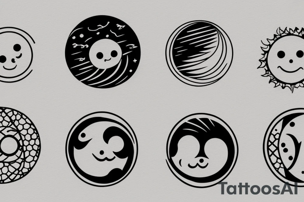 Generate and tatoo round sketch which is:

Round shape, one part is half of circle like japan инь янь  is evil moon , another half of circle is sun with smiling face. Make it in water color tattoo idea