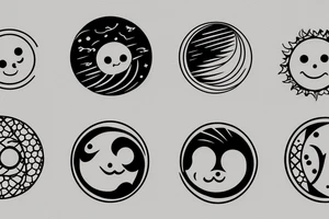 Generate and tatoo round sketch which is:

Round shape, one part is half of circle like japan инь янь  is evil moon , another half of circle is sun with smiling face. Make it in water color tattoo idea