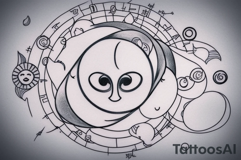 Generate and tatoo round sketch which is:

Round shape, one part is half of circle like japan инь янь  is evil moon , another half of circle is sun with smiling face. Make it in water color tattoo idea