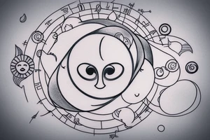 Generate and tatoo round sketch which is:

Round shape, one part is half of circle like japan инь янь  is evil moon , another half of circle is sun with smiling face. Make it in water color tattoo idea