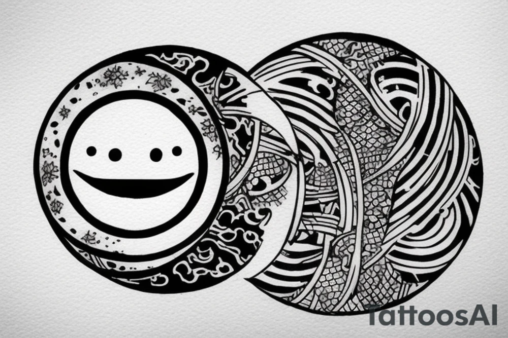 Generate and tatoo round sketch which is:

Round shape, one part is half of circle like japan инь янь  is evil moon , another half of circle is sun with smiling face. tattoo idea