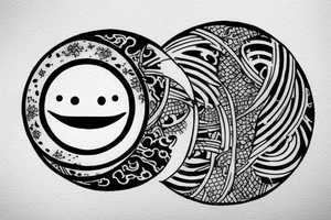 Generate and tatoo round sketch which is:

Round shape, one part is half of circle like japan инь янь  is evil moon , another half of circle is sun with smiling face. tattoo idea