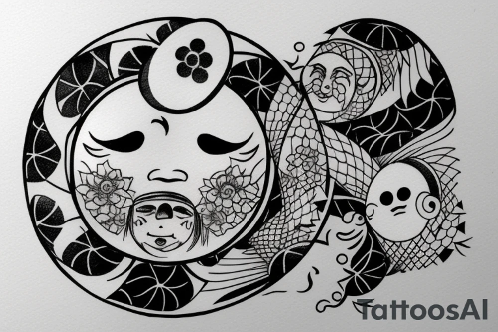 Generate and tatoo round sketch which is:

Round shape, one part is half of circle like japan инь янь  is evil moon , another half of circle is sun with smiling face. tattoo idea
