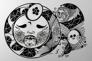 Generate and tatoo round sketch which is:

Round shape, one part is half of circle like japan инь янь  is evil moon , another half of circle is sun with smiling face. tattoo idea