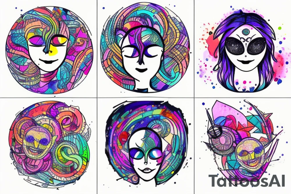 Generate and tatoo round sketch which is:

Round shape, with glitch effect, watercolor one part is half of circle  is evil moon , another half of circle is sun with smiling face. tattoo idea