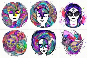 Generate and tatoo round sketch which is:

Round shape, with glitch effect, watercolor one part is half of circle  is evil moon , another half of circle is sun with smiling face. tattoo idea