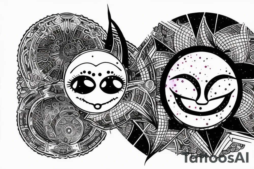 Generate and tatoo round sketch which is:

Round shape, with glitch effect, watercolor one part is half of circle  is evil moon , another half of circle is sun with smiling face. tattoo idea