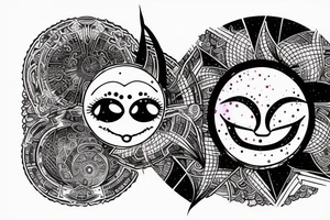 Generate and tatoo round sketch which is:

Round shape, with glitch effect, watercolor one part is half of circle  is evil moon , another half of circle is sun with smiling face. tattoo idea