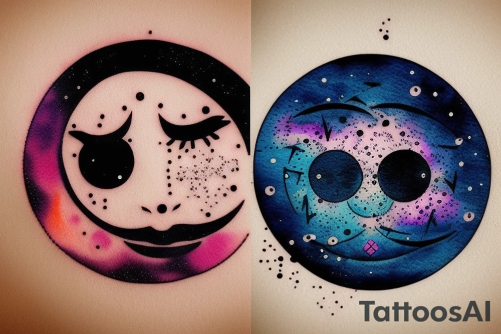 Yin yan shape , with glitch effect, watercolor one part is half of circle  is evil moon , another half of circle is sun with smiling face. tattoo idea