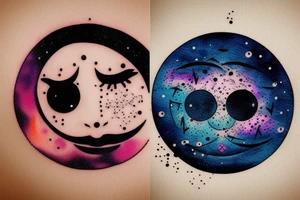 Yin yan shape , with glitch effect, watercolor one part is half of circle  is evil moon , another half of circle is sun with smiling face. tattoo idea