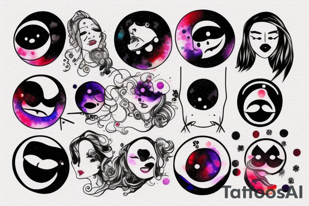 Yin yan shape , with glitch effect, watercolor one part is half of circle  is evil moon , another half of circle is sun with smiling face. tattoo idea