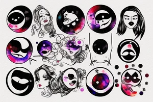 Yin yan shape , with glitch effect, watercolor one part is half of circle  is evil moon , another half of circle is sun with smiling face. tattoo idea