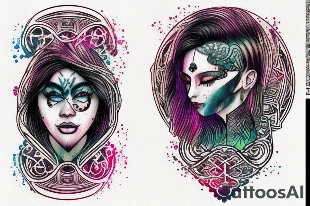 Yin yan shape , with glitch effect, watercolor one ancient symbol meaning freedom and ability see what others cannot Cypher names Oleksii iryna and artem tattoo idea