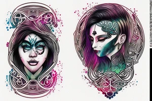 Yin yan shape , with glitch effect, watercolor one ancient symbol meaning freedom and ability see what others cannot Cypher names Oleksii iryna and artem tattoo idea