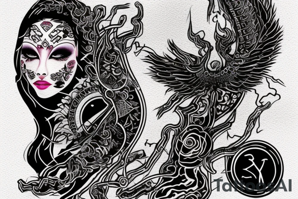Yin yan shape , with glitch effect, watercolor one ancient symbol meaning freedom and ability see what others cannot Cypher names Oleksii iryna and artem tattoo idea