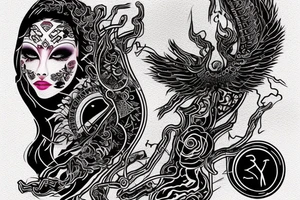 Yin yan shape , with glitch effect, watercolor one ancient symbol meaning freedom and ability see what others cannot Cypher names Oleksii iryna and artem tattoo idea