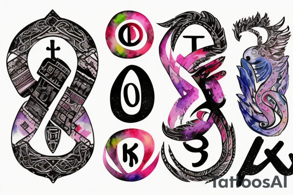 with glitch effect, watercolor one ancient symbol meaning freedom and ability see what others cannot Cypher names Oleksii iryna and artem tattoo idea
