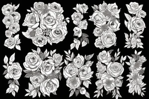A bouquet of flowers from the months July, September, October, November, and December with the Bible verse Acts 27:22-23 in fine line print tattoo idea