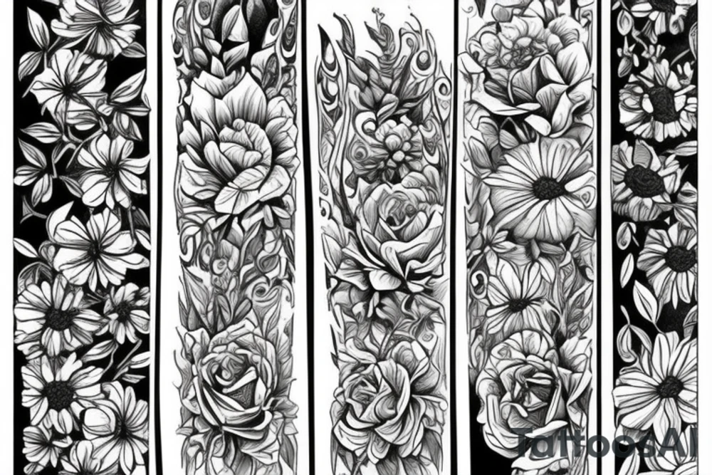 A bouquet of flowers from the months July, September, October, November, and December with the Bible verse Acts 27:22-23 in fine line print tattoo idea