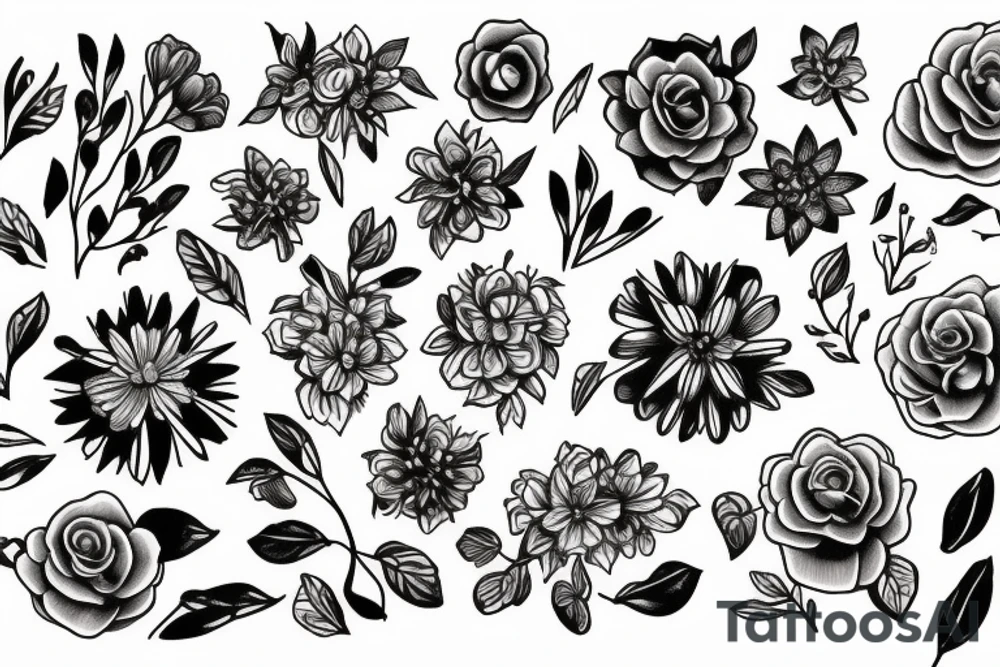 A bouquet of flowers from the months July, September, October, November, and December with the Bible verse Acts 27:22-23 in fine line print tattoo idea