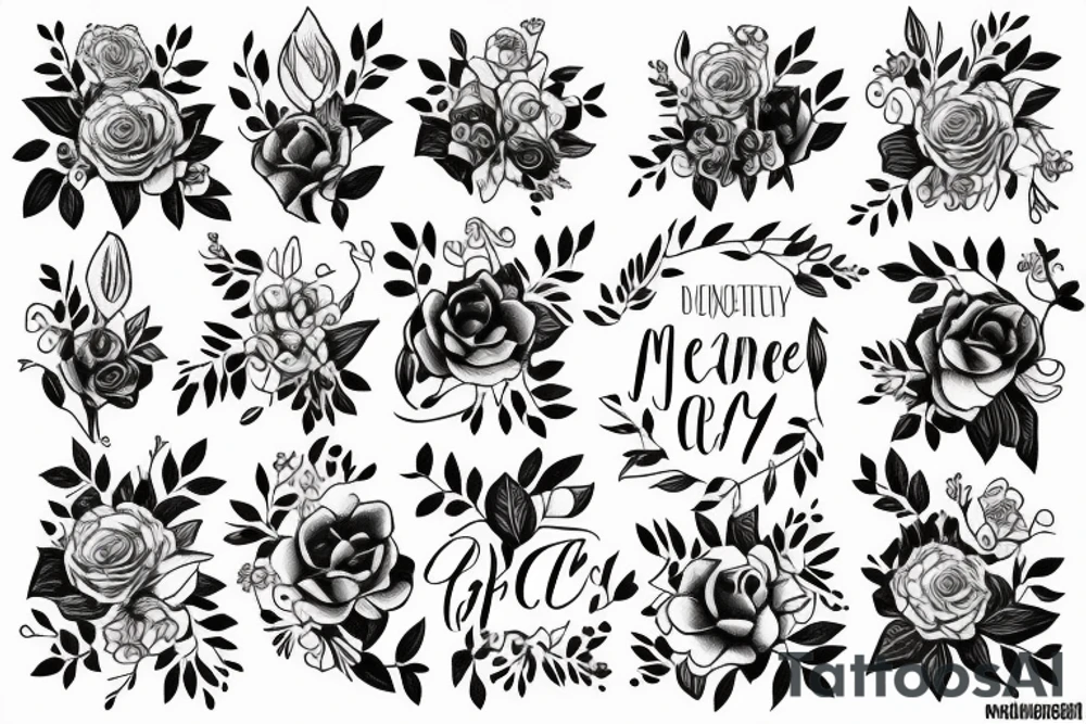 A bouquet of flowers from the months July, September, October, November, and December with the Bible verse Acts 27:22-23 in fine line print tattoo idea