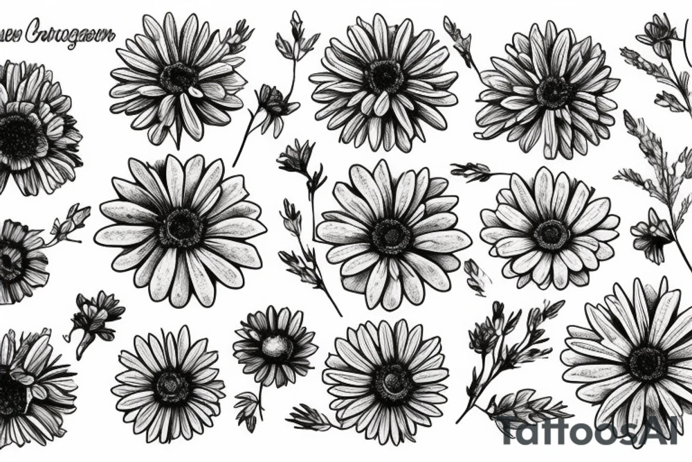 a bouquet of the following flowers: Larkspur, Aster, Marigold, Chrysanthemum, Holly
Acts 27:22-23 in the bouquet tattoo idea
