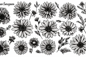 a bouquet of the following flowers: Larkspur, Aster, Marigold, Chrysanthemum, Holly
Acts 27:22-23 in the bouquet tattoo idea