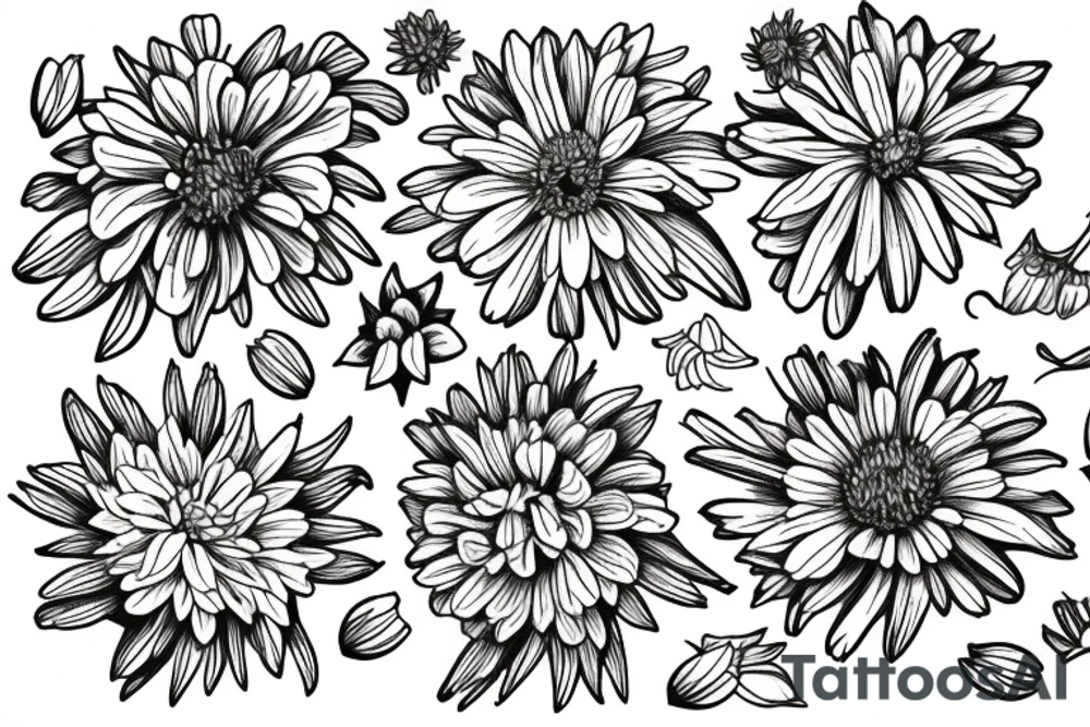 a bouquet of the following flowers: Larkspur, Aster, Marigold, Chrysanthemum, Holly
Acts 27:22-23 in the bouquet tattoo idea