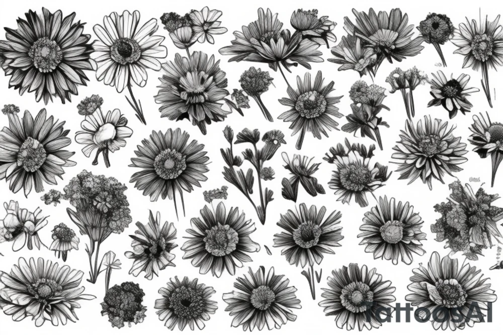 a bouquet of the following flowers: Larkspur, Aster, Marigold, Chrysanthemum, Holly
Acts 27:22-23 in the bouquet tattoo idea