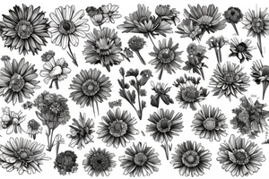 a bouquet of the following flowers: Larkspur, Aster, Marigold, Chrysanthemum, Holly
Acts 27:22-23 in the bouquet tattoo idea