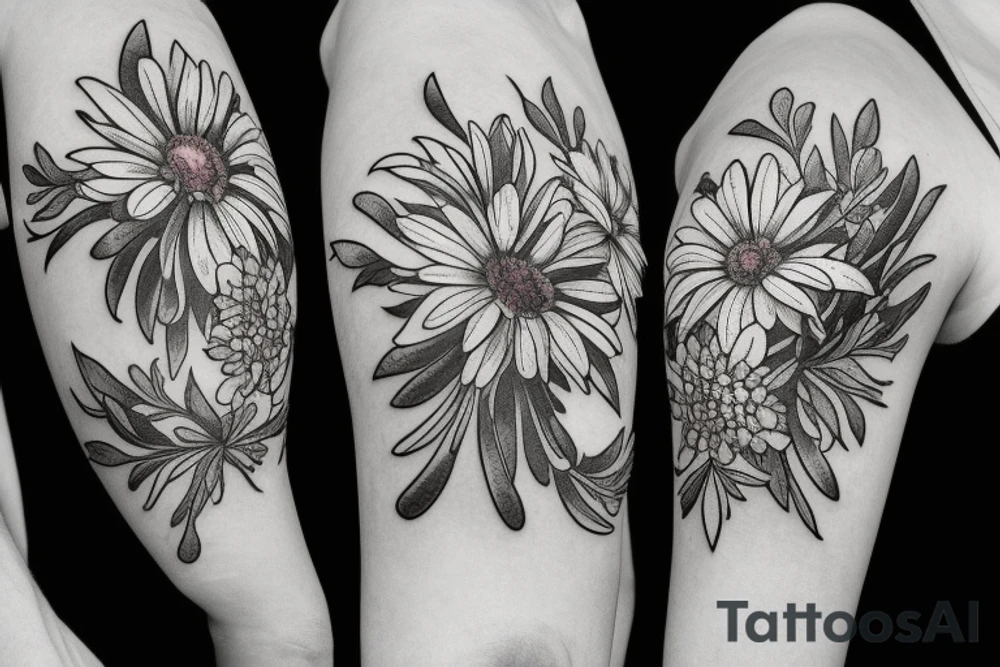a bouquet of the following flowers: Larkspur, Aster, Marigold, Chrysanthemum, Holly
Acts 27:22-23 in the bouquet tattoo idea