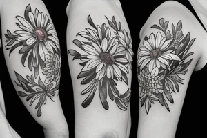 a bouquet of the following flowers: Larkspur, Aster, Marigold, Chrysanthemum, Holly
Acts 27:22-23 in the bouquet tattoo idea