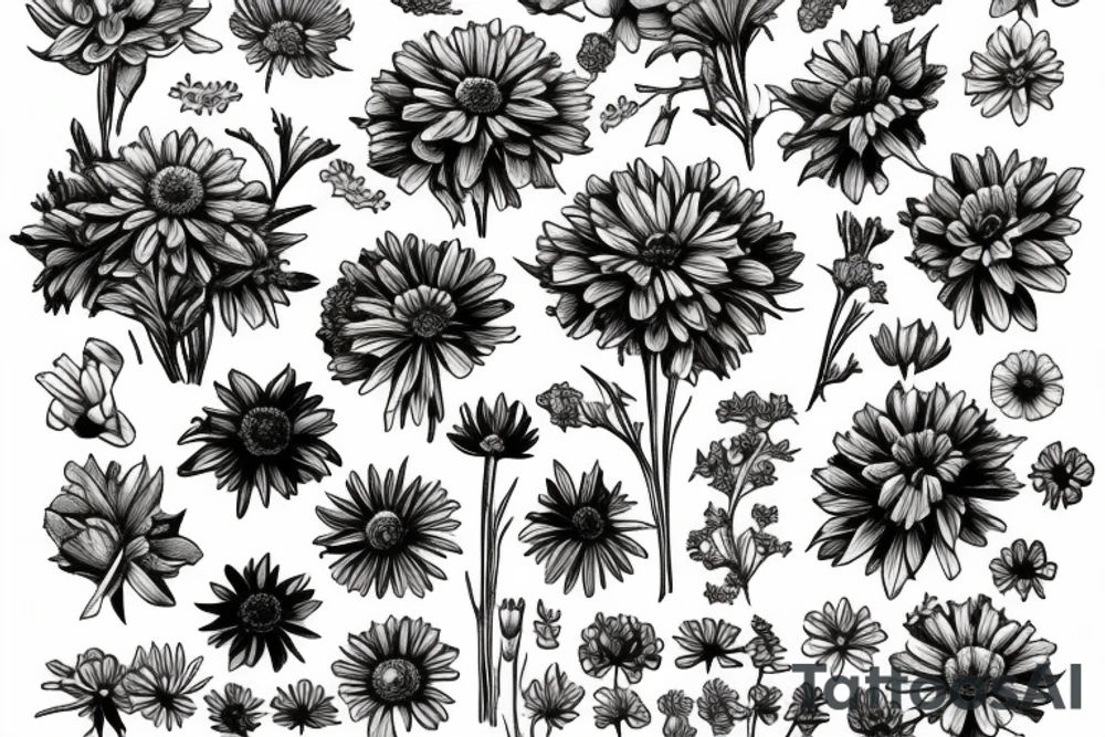 a bouquet of the following flowers: Larkspur, Aster, Marigold, Chrysanthemum, Holly
Acts 27:22-23 in the bouquet tattoo idea
