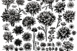 a bouquet of the following flowers: Larkspur, Aster, Marigold, Chrysanthemum, Holly
Acts 27:22-23 in the bouquet tattoo idea
