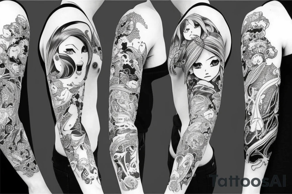 full long tatto sleeve in anime style tattoo idea