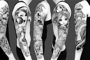 full long tatto sleeve in anime style tattoo idea