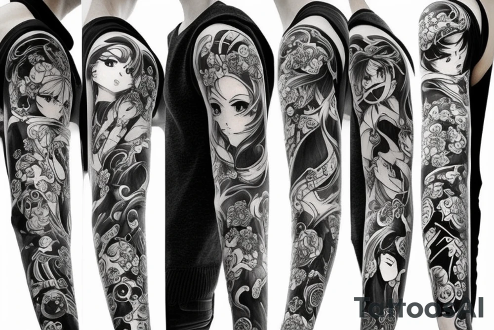 full long tatto sleeve in anime style tattoo idea