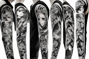 full long tatto sleeve in anime style tattoo idea