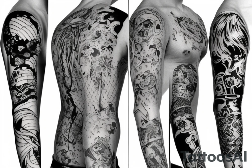 full long tatto sleeve in anime style tattoo idea