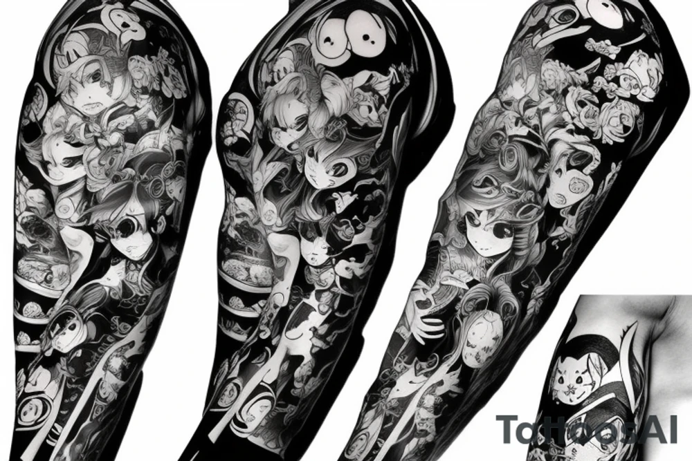 full long tatto sleeve in anime style tattoo idea