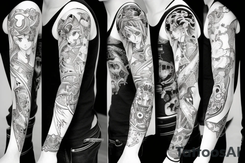 full long tatto sleeve in anime style tattoo idea