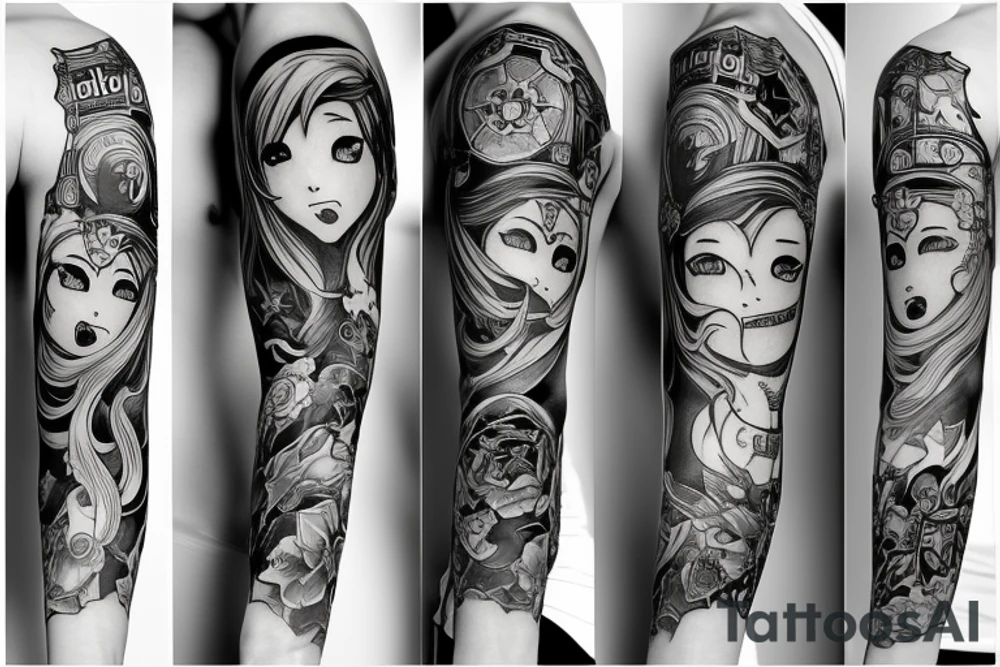 full long tatto sleeve in anime style tattoo idea